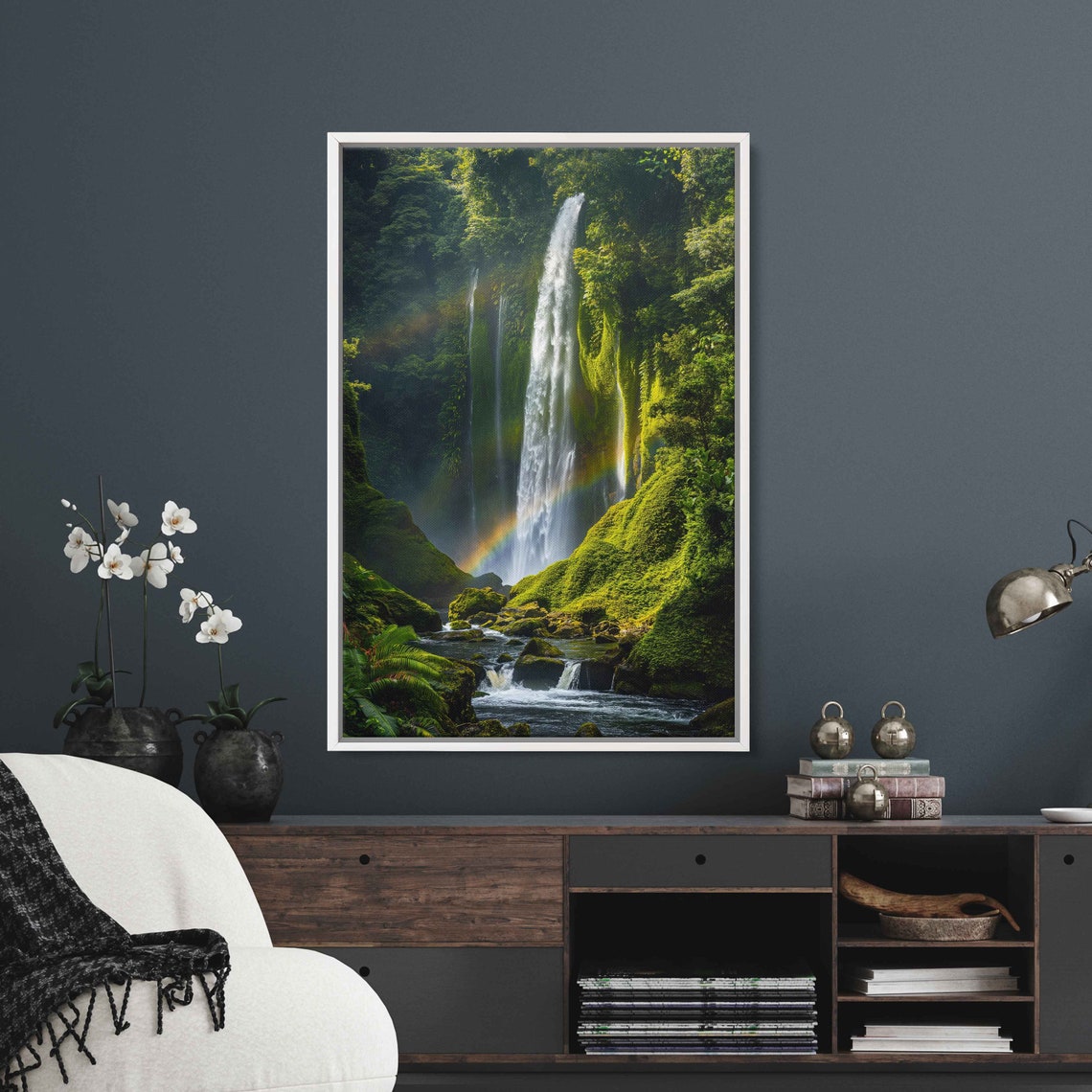 Waterfall Rainbow Cascading Down Moss Covered Rocks Wall Art Print Tropical Landscape Tranquil Art Ready To Hang - Image 3