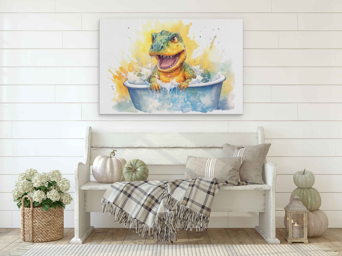 Adorable Baby T Rex in a Bathtub Watercolor Cute Dinosaur Art Poster - Image 2