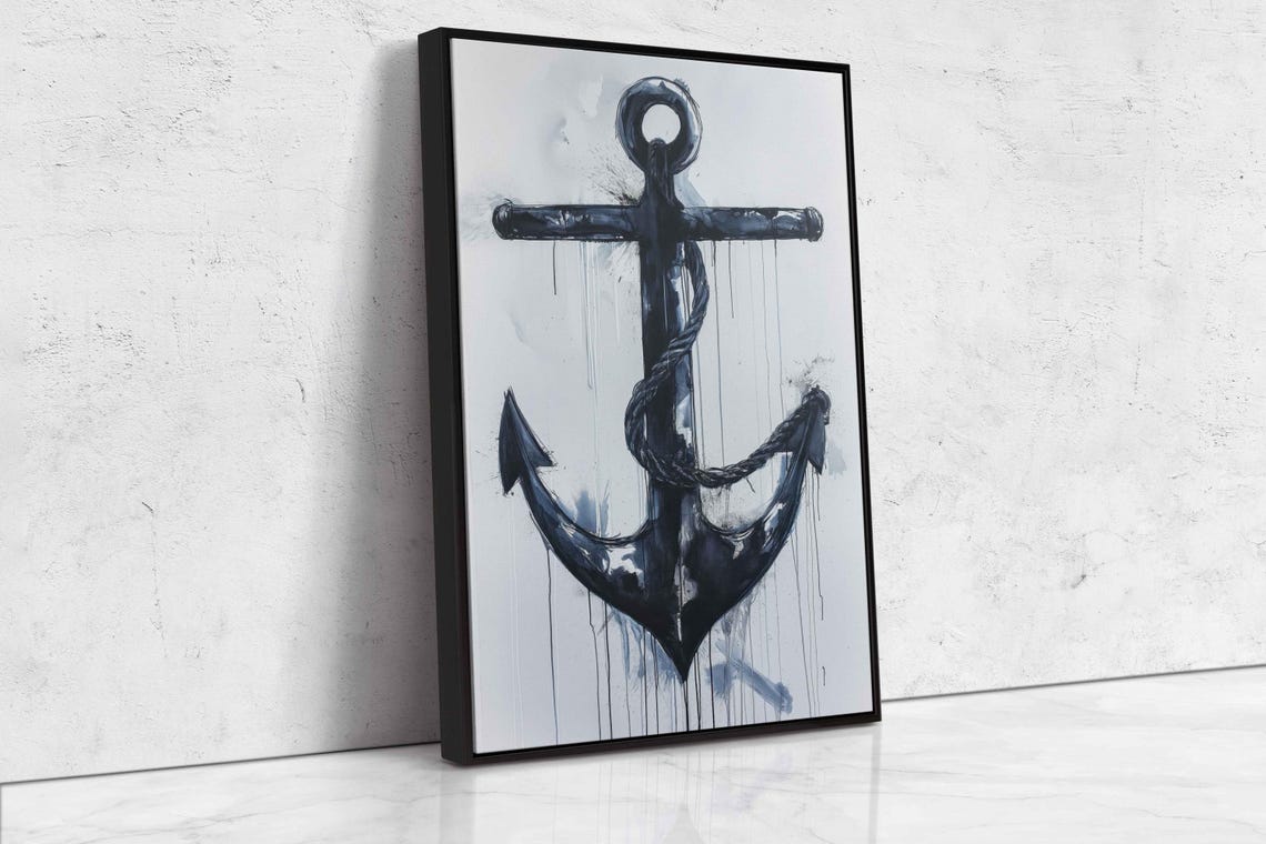 Ink Black Anchor With Twisted Rope Dripping Paint Nautical Wall Print - Image 4