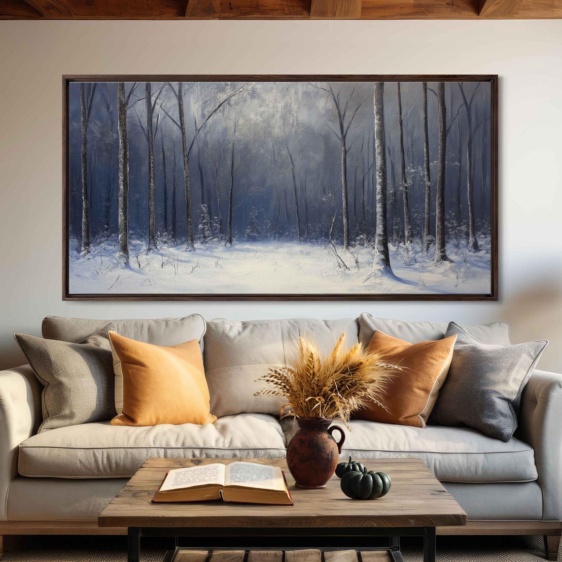 Moonlit Winter Forest Painting Snowy Birch Trees Blue Night Canvas Art - Image 3