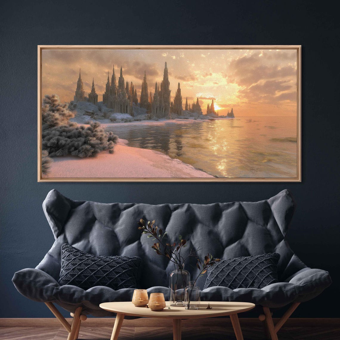 Marble Spire Fantasy City Pink Sand Beach Sunset Dreamlike Poster