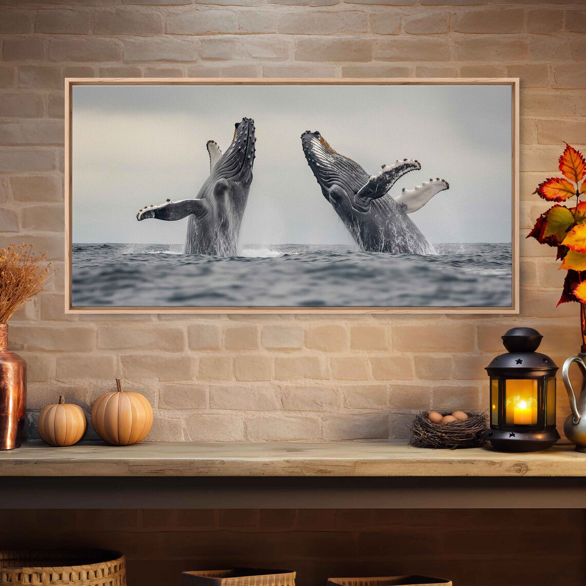 Pair Of Humpback Whales Clear Skies Ocean Waves Wall Art Print Ready To Hang - Image 4