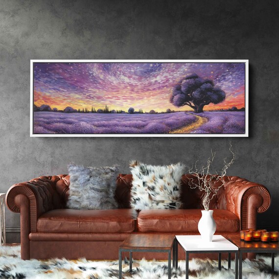 Lavender Field Starry Sunset Sky Golden Path Panoramic Art Poster