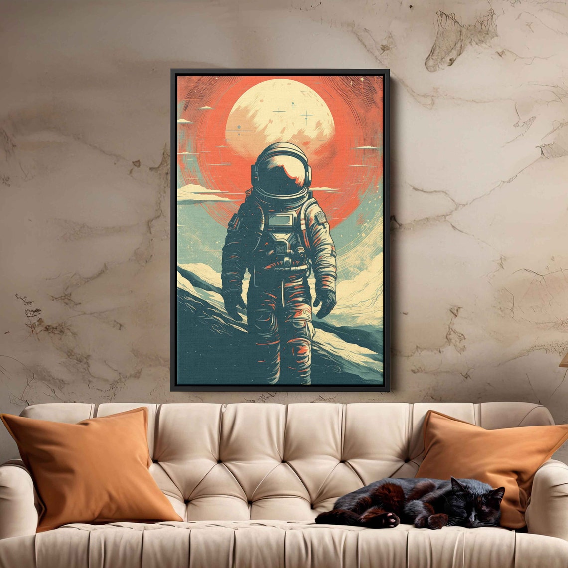 Retro Astronaut Space Art Giant Moon Earth Tone Vintage Style Poster - Image 3