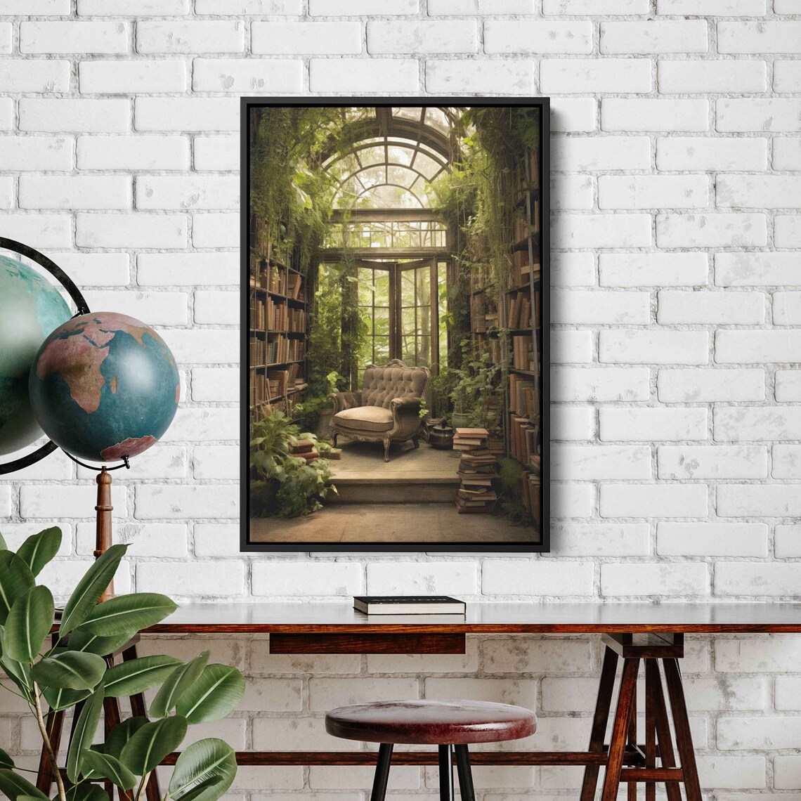 Greenhouse Library Book Nook Sunlit Glass Atrium Plants Reading Chair Print - Image 3