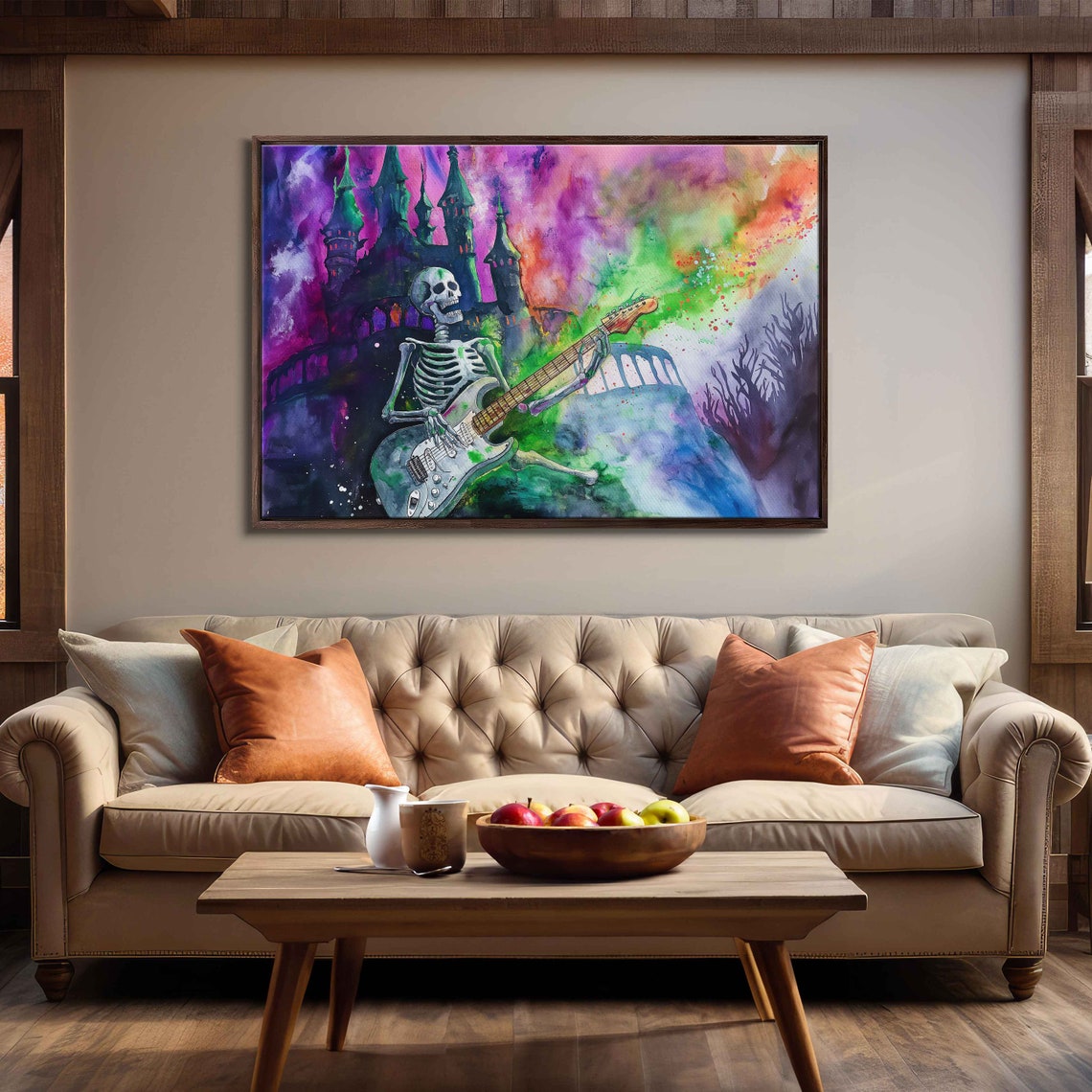 Skeleton Playing Electric Guitar Spooky Castle Watercolor Poster