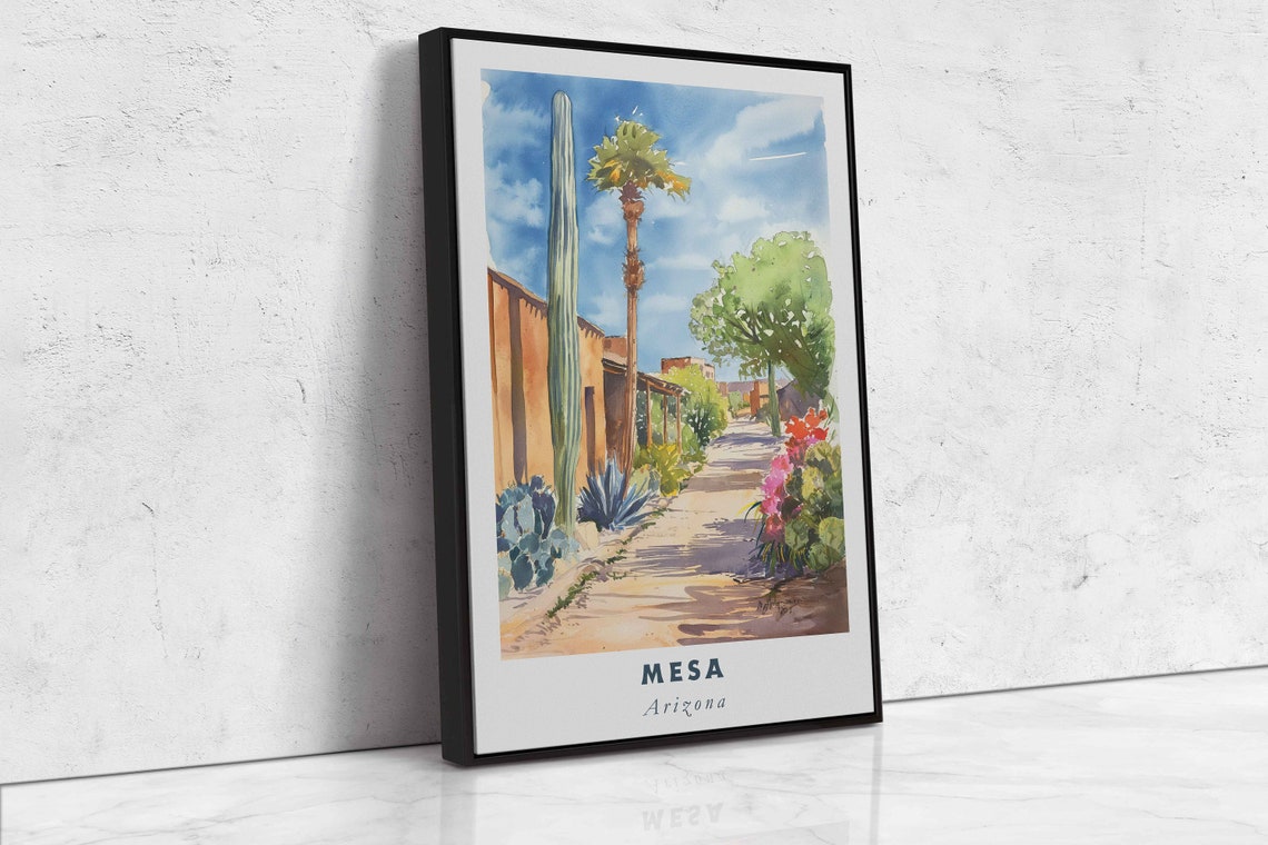 Mesa Arizona Desert Street Saguaro Cactus Adobe Watercolor Art Poster - Image 2