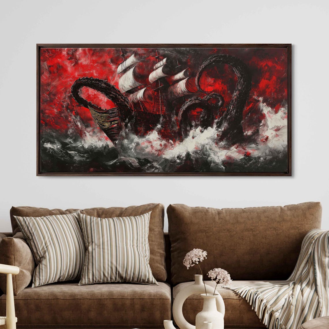 Kraken Attacking Classic Ship Wall Art Print Dramatic Red And Black Colors Frozen In Time - Image 3