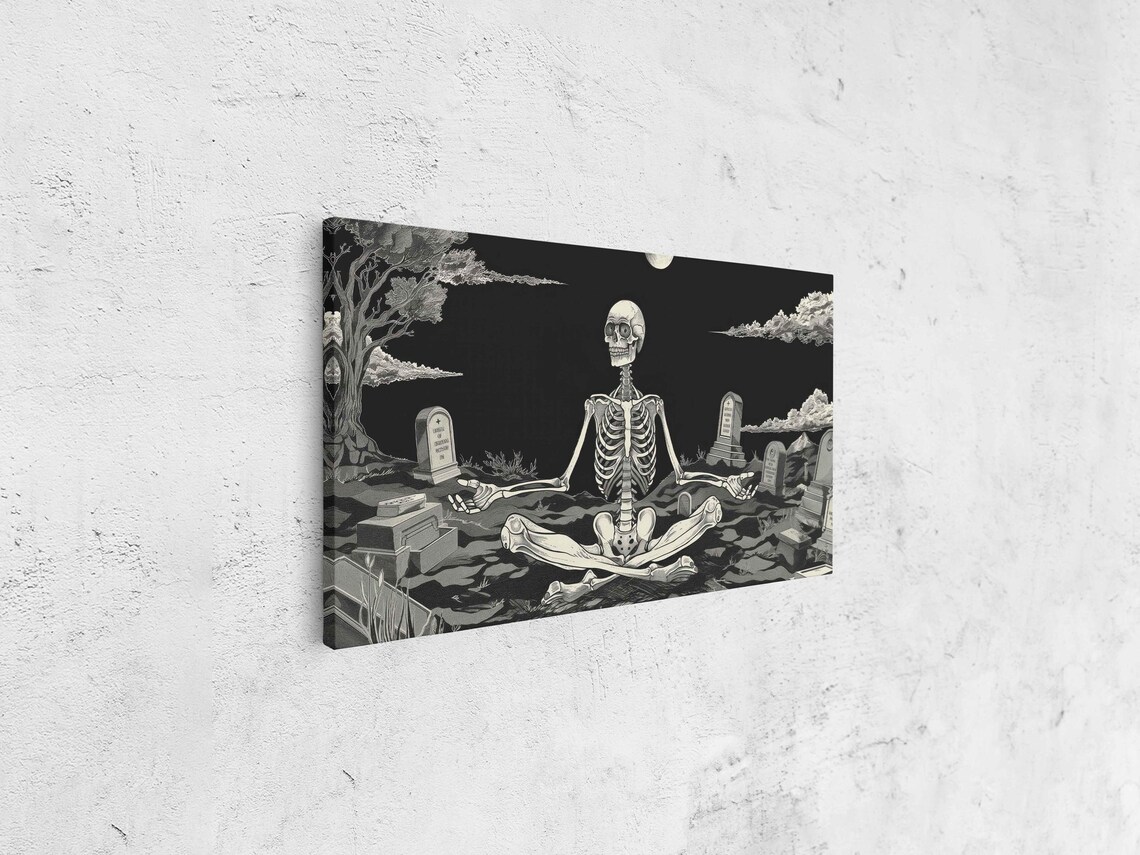 Skeleton Meditating in Moonlit Graveyard Whimsical Ink Art Halloween Poster - Image 4