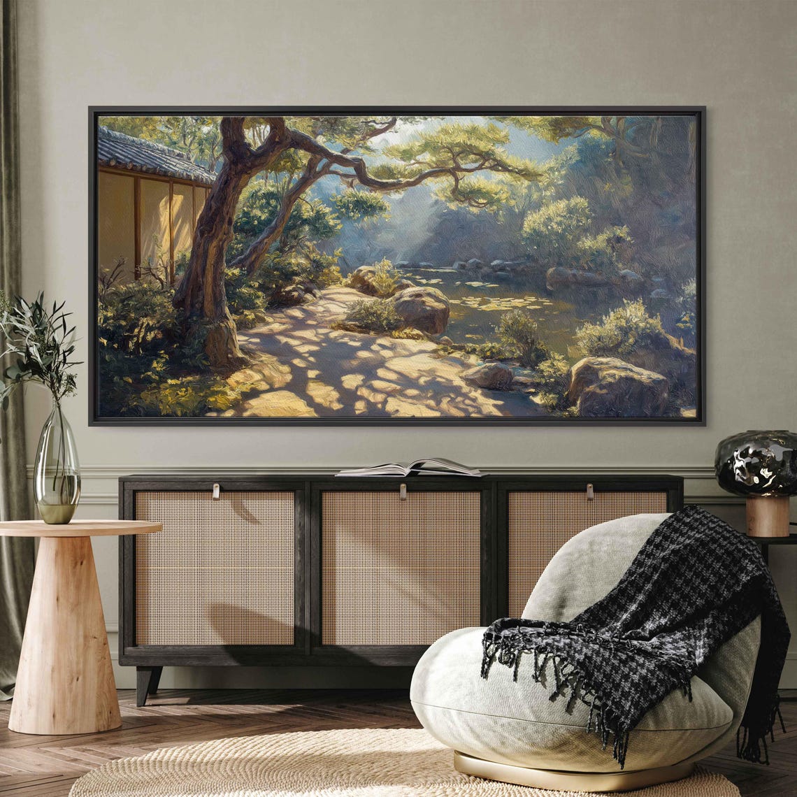 Japanese Zen Garden Sunlit Koi Pond Ancient Trees Kyoto Serene Poster - Image 3