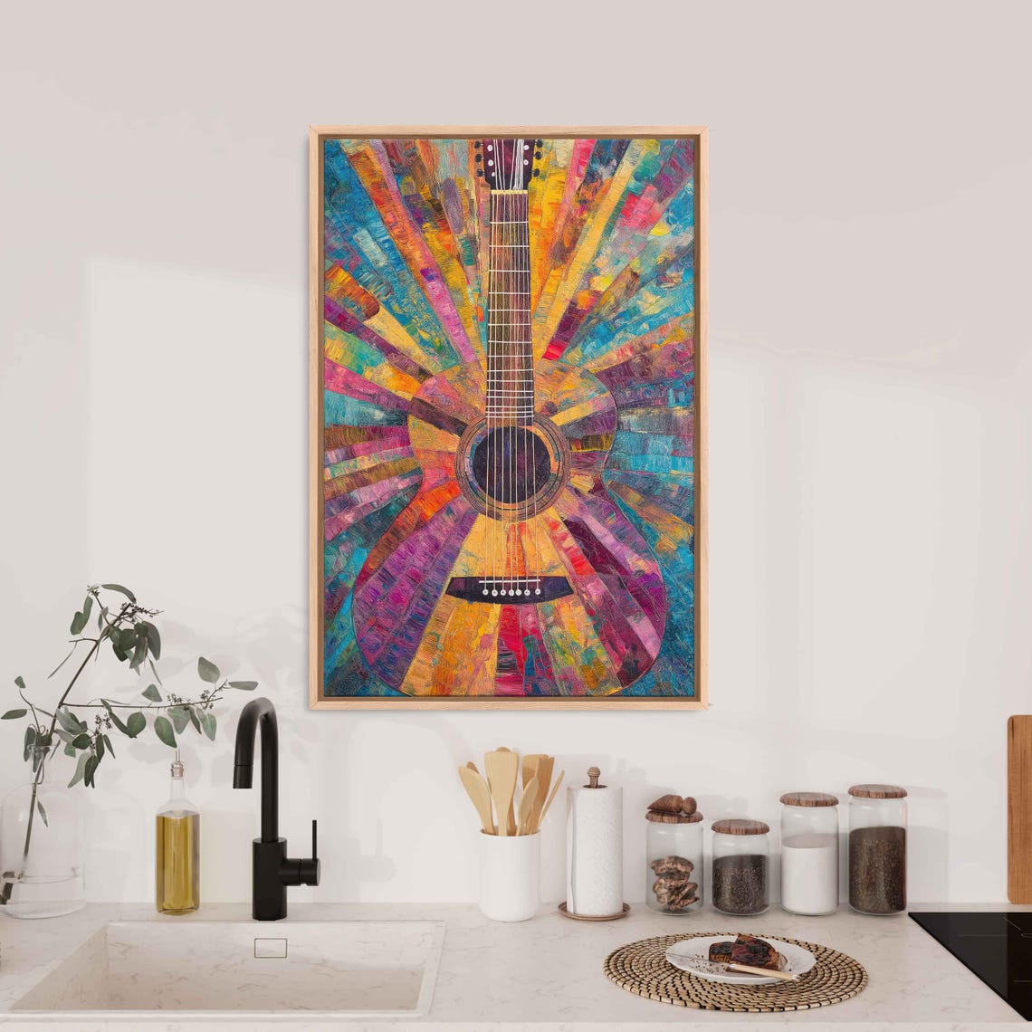 Rainbow Acoustic Guitar Mosaic Sunburst Vibrant Music Room Wall Art
