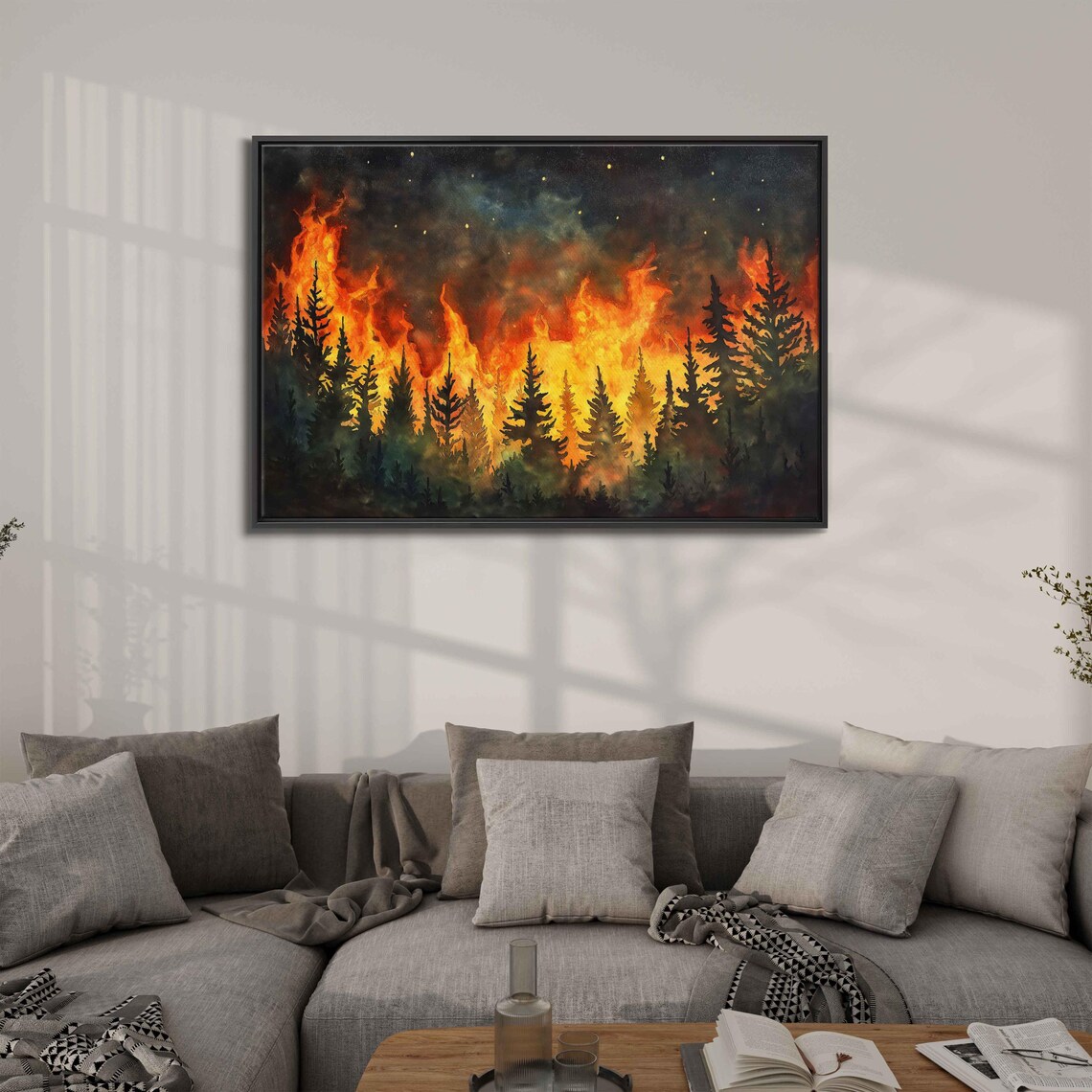 Burning Forest, Watercolor Flames Starry Night Sky