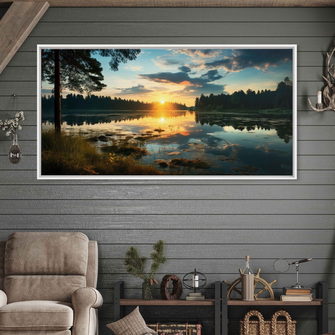 Golden Sunrise Forest Lake Still Water Reflection Reeds Nature Poster - Image 2