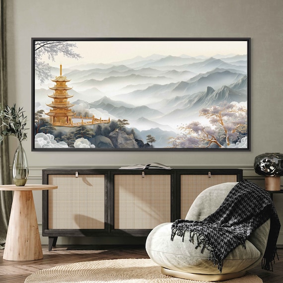 Gold Inlaid Jade Pagoda Wall Art Print Chinese Landscape Painting Chinese Ink Art Bonsai Trees Ready To Hang