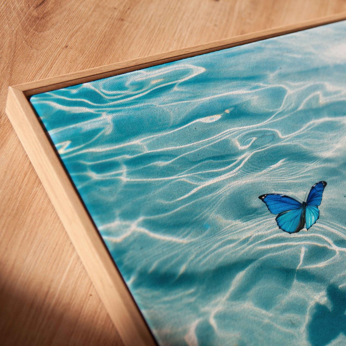 Blue Morpho Butterflies Over Rippled Turquoise Water Nature Art Print - Image 2