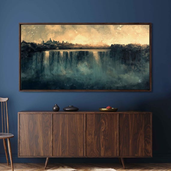Distant City Perched On Waterfall Wall Art Print Fantasy Landscape Shimmering Sunrise