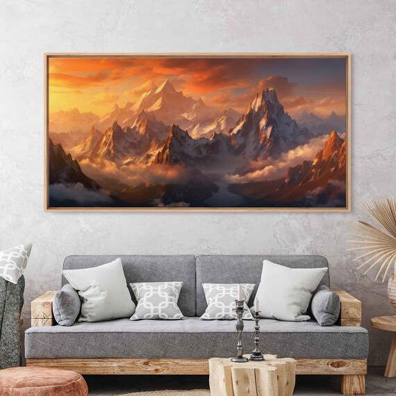 Mountain River Sunset Framed Print Ready To Hang Peaceful Classic Mountain Landscape