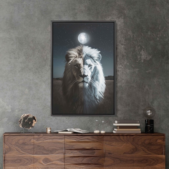 Lion Portrait Split Moonlight Full Moon Night Sky Majestic Animal Art Poster