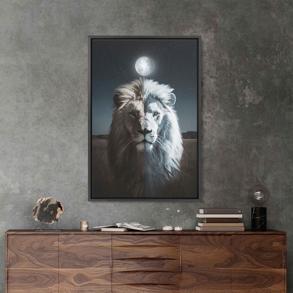 Majestic Lion With Moon Above Wall Art Print Lions Mane Starry Night Sky Animal Painting Split Color Ready To Hang