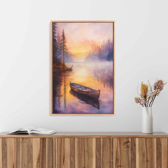 Camping Boat At Sunrise Wall Art Print Watercolor Misty River Peaceful Reflections