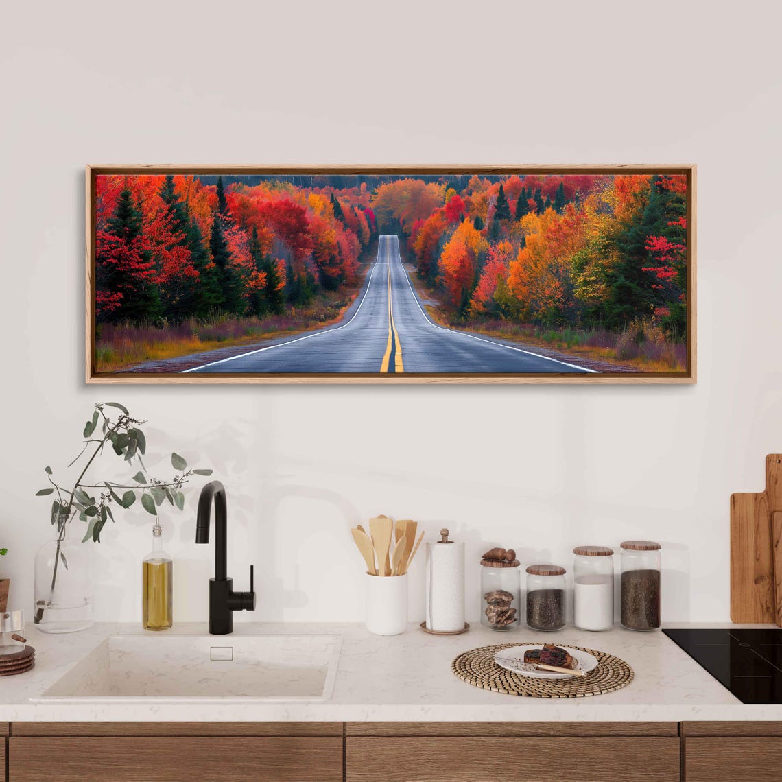 Straight Empty Road Into Fiery Autumn Forest Fall Photo Wall Art