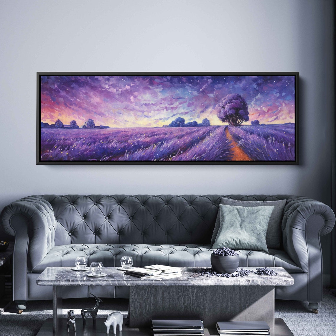 Panoramic Lavender Field Colorful Starry Night Sky Painting Print Ready To Hang