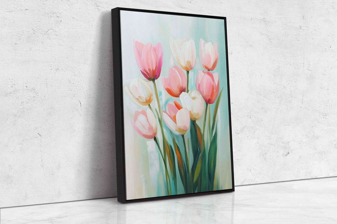 Pink Tulip Blossoms Pastel Abstract Teal Floral Botanical Print - Image 4