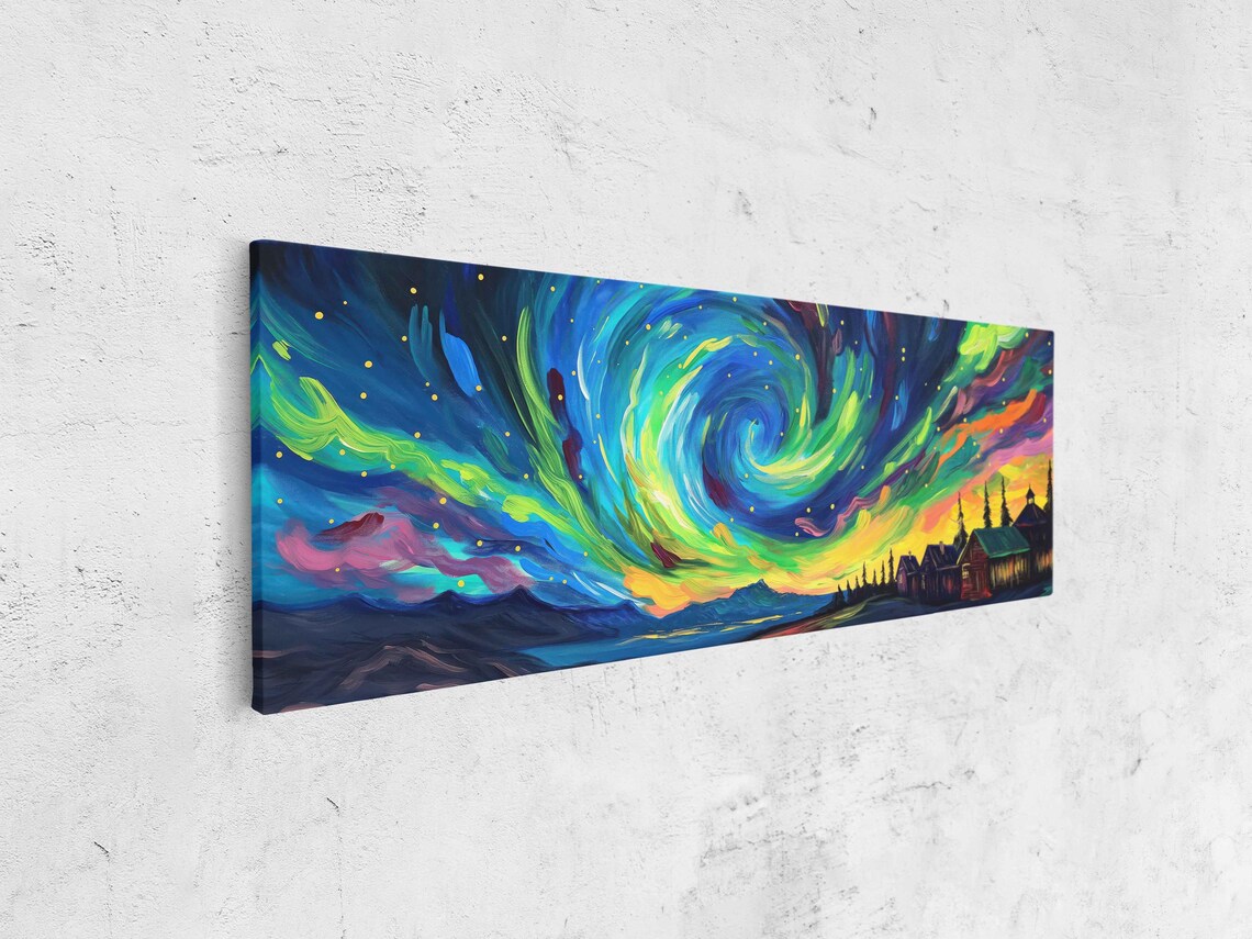 Rainbow Starry Night Aurora Vortex Over Lakeside Village Cabins Wall Poster - Image 4