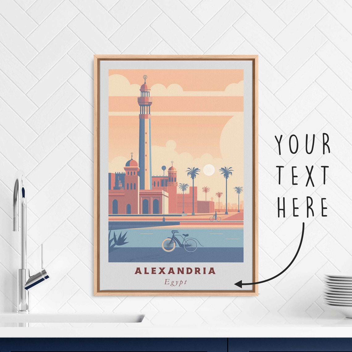 Alexandria Egypt Mosque Minaret Palms Waterfront Travel Poster