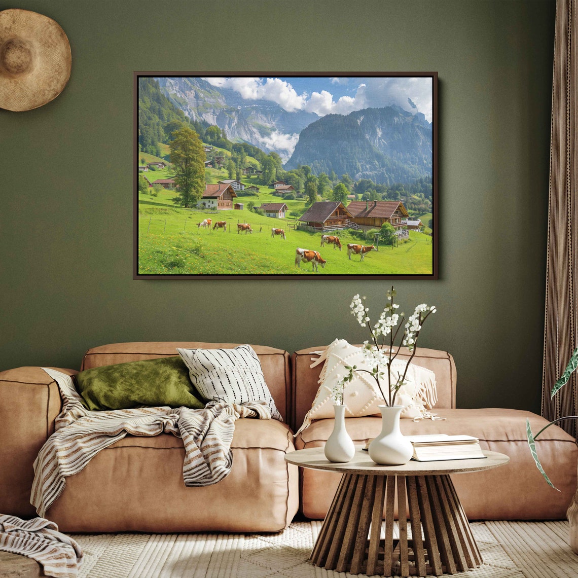 Alpine Village With Grazing Cows Mountain Chalets Summer Meadow Poster