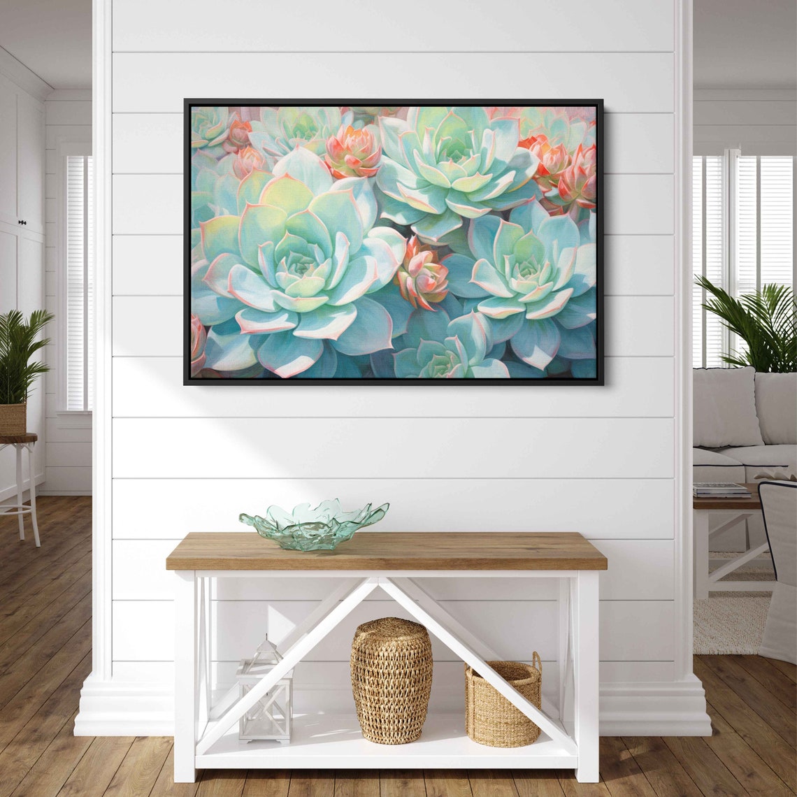 Sunlit Succulent Rosettes Pale Green Pink Tips Botanical Art Poster