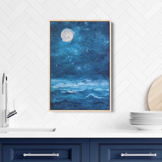 Full Moon Over Ocean Night Waves Starry Blue Seascape Art Poster