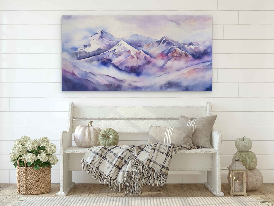 Beautiful Abstract Watercolor Of Purple Foggy Mountains Print On Ready To Hang Colorful Living Room Decor - Image 4
