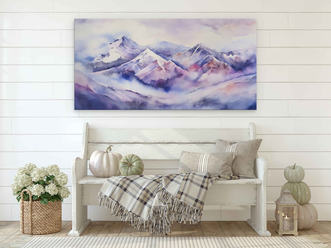 Purple Lavender Foggy Mountain Peaks Watercolor Landscape Poster - Image 4