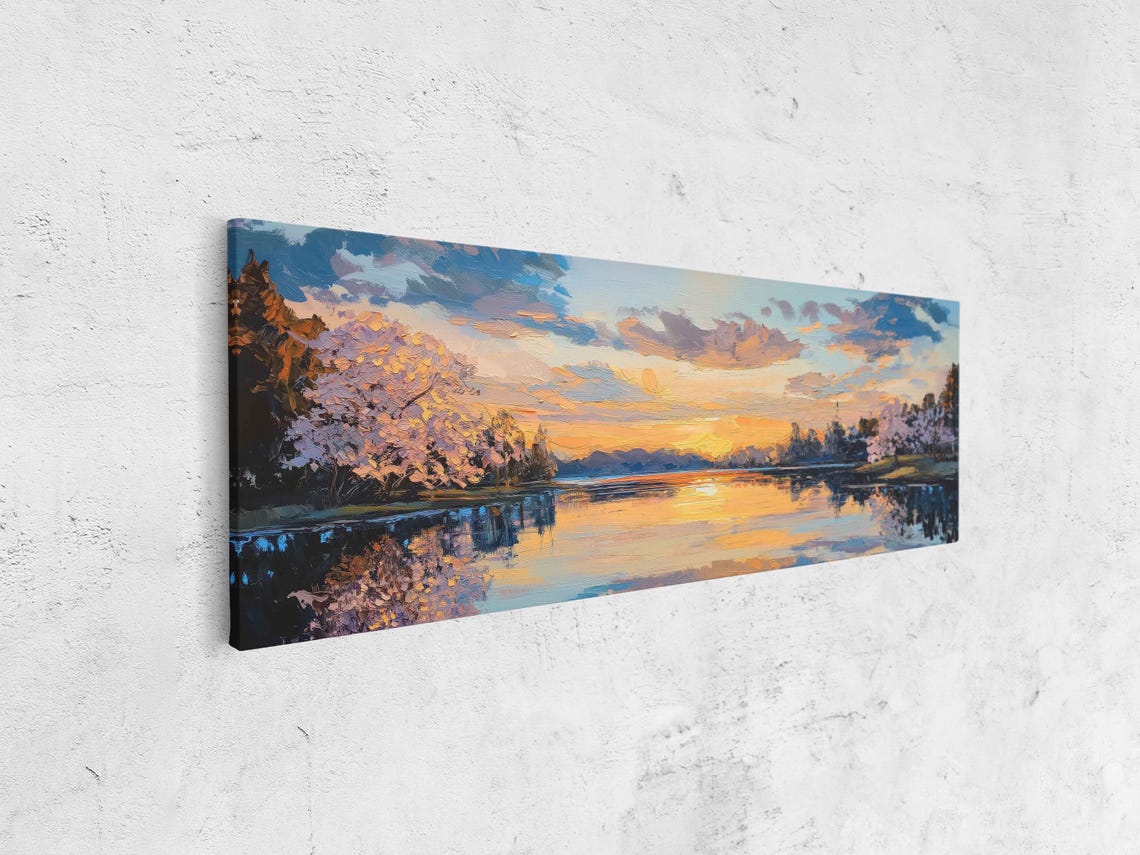 Breathtaking Spring Landscape Wall Art Print Fiery Sunset Reflections Blooming Trees - Image 4