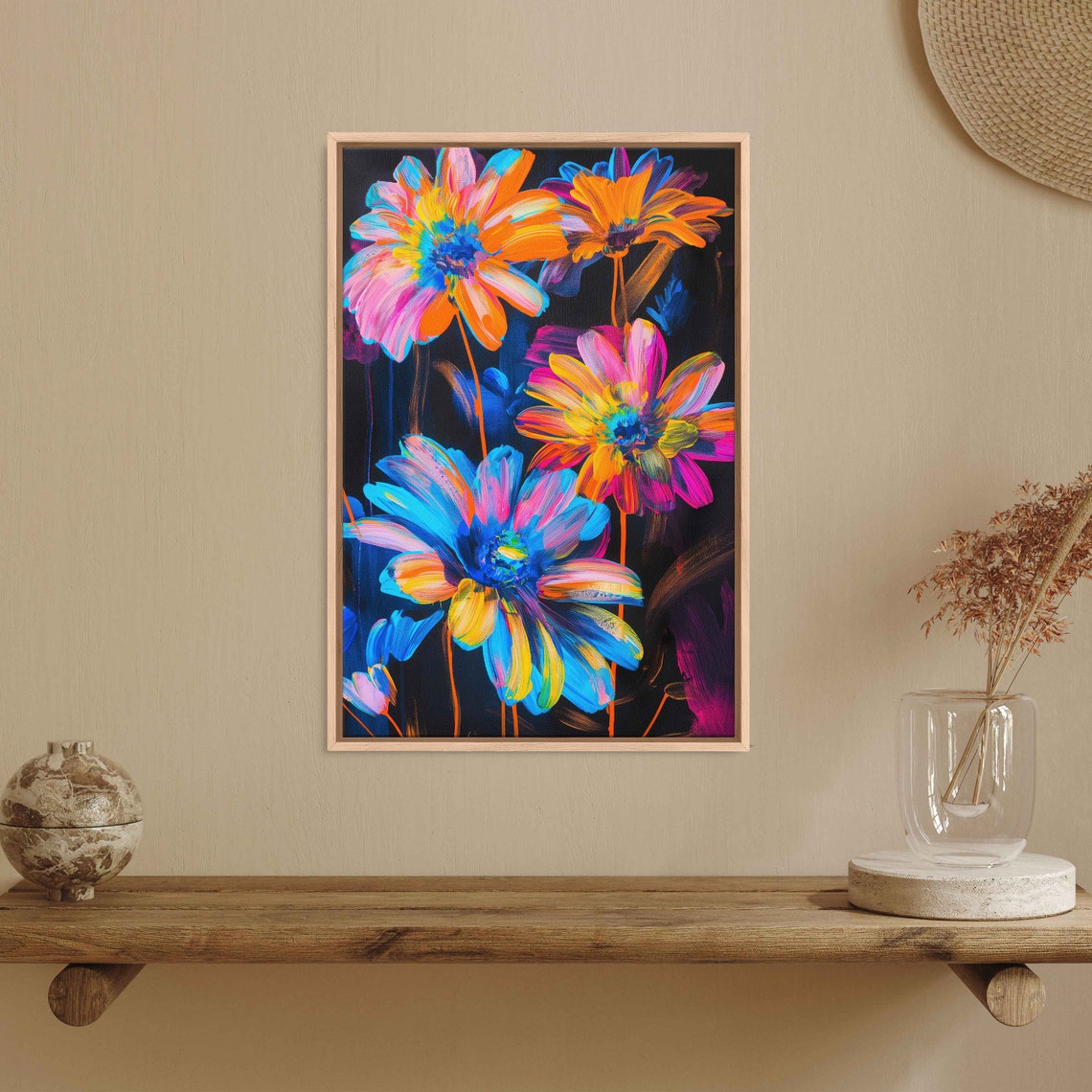 Neon Daisies Black Canvas Blue Pink Orange Blooms Painting Poster