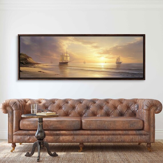 Vintage Tall Sailing Ships Pastel Sunset Beach Panoramic Art Print