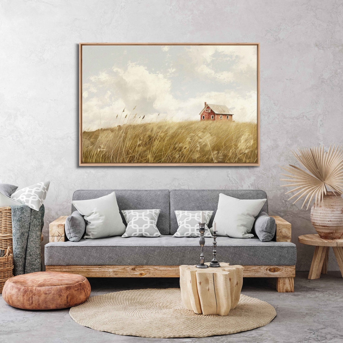 Distant Red Barn Wheat Field Hill Cloudy Sky Minimalist Farm Art - Image 3