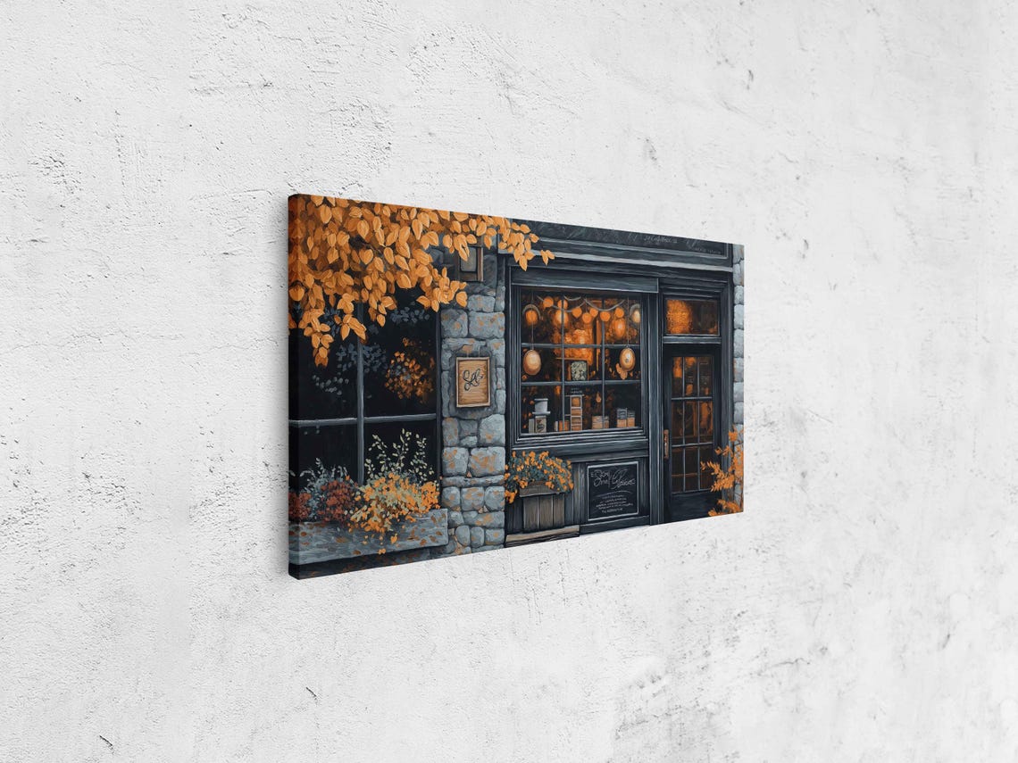 Stone Coffee Shop Night Window Glowing Pumpkins Autumn Leaves Poster - Image 4