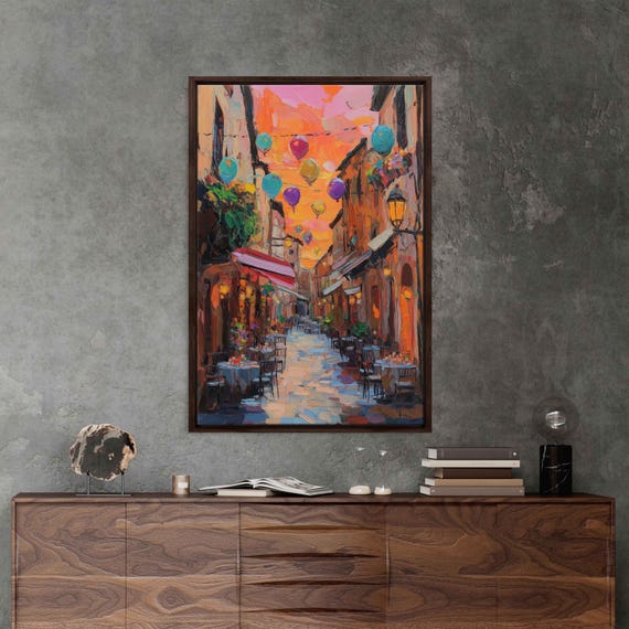Italian Alley During Festival Wall Art Print Colorful Balloons Vibrant Sunset
