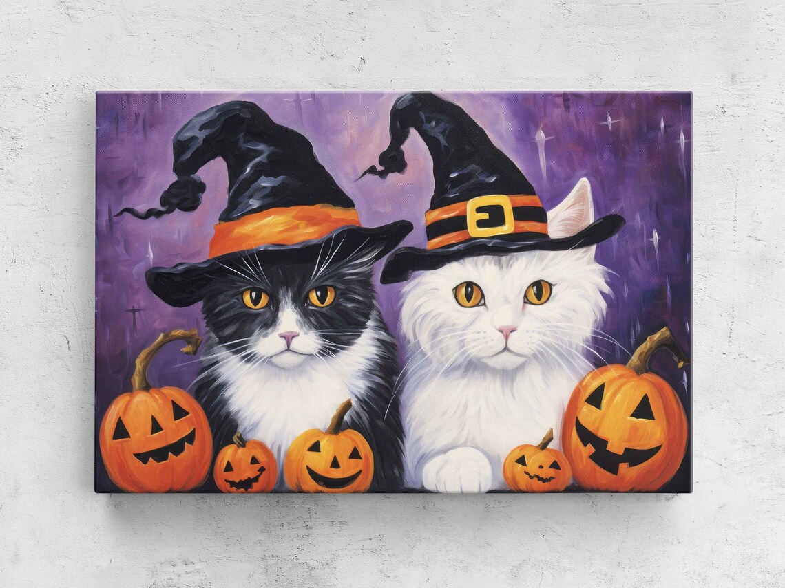 Halloween Witch Cats Jack O Lanterns Cute Black White Cat Painting Print