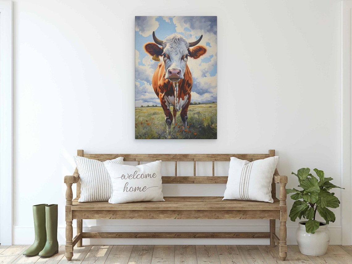 Brown White Dairy Cow Close Up Meadow Blue Sky Farm Animal Poster - Image 2