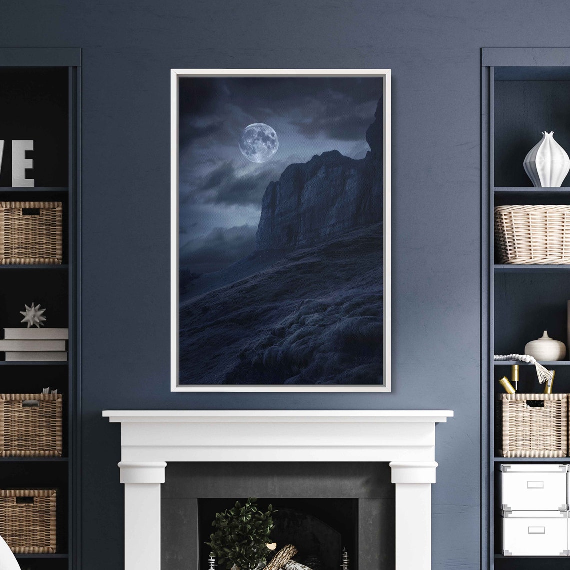 Full Moon Rising Over Dark Rocky Cliff Night Sky Clouds Poster