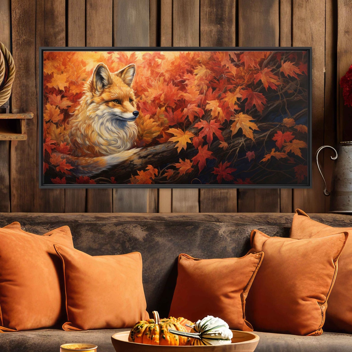 Fox Resting Autumn Maple Leaves Red Foliage Panoramic Wall Art - Image 3
