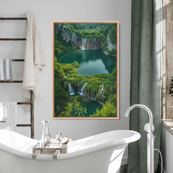 Serene Waterfall Lush Greenery Tranquil Lake Mountain Range Cloudy Skies Wall Art Print Ready To Hang