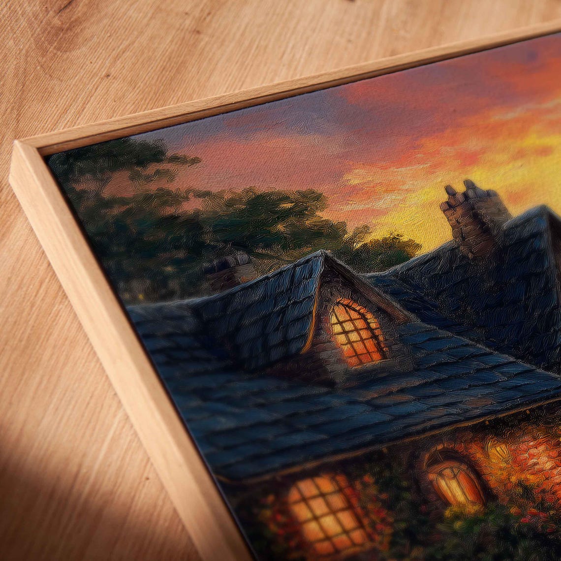 Cozy Cottage Sunset Glowing Windows Rose Garden Nostalgic Home Poster - Image 2
