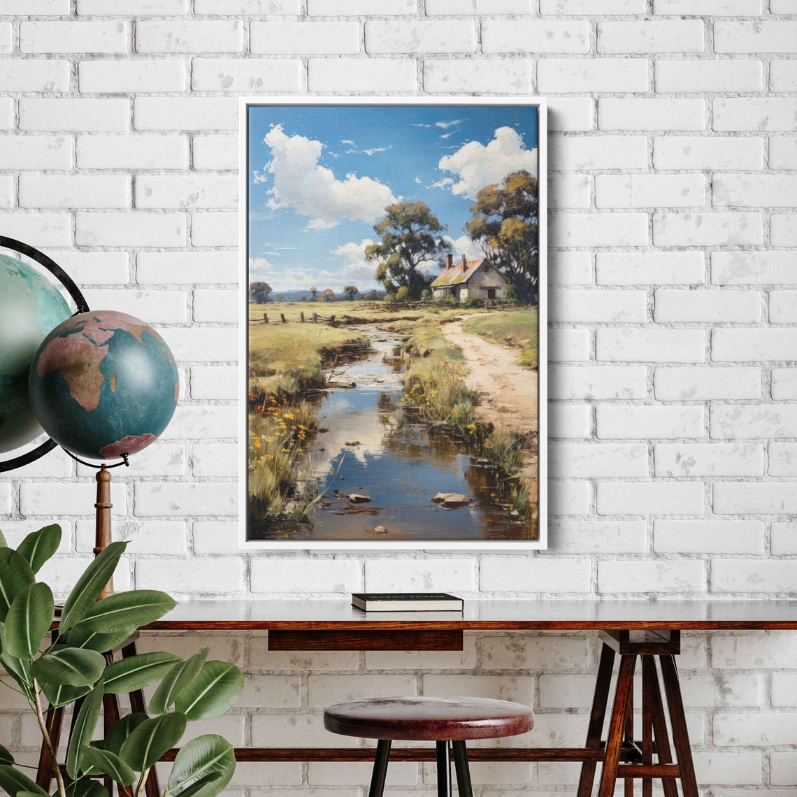 Rural Watercolor Stream Old Farmhouse Countryside Meadow Poster - Image 3