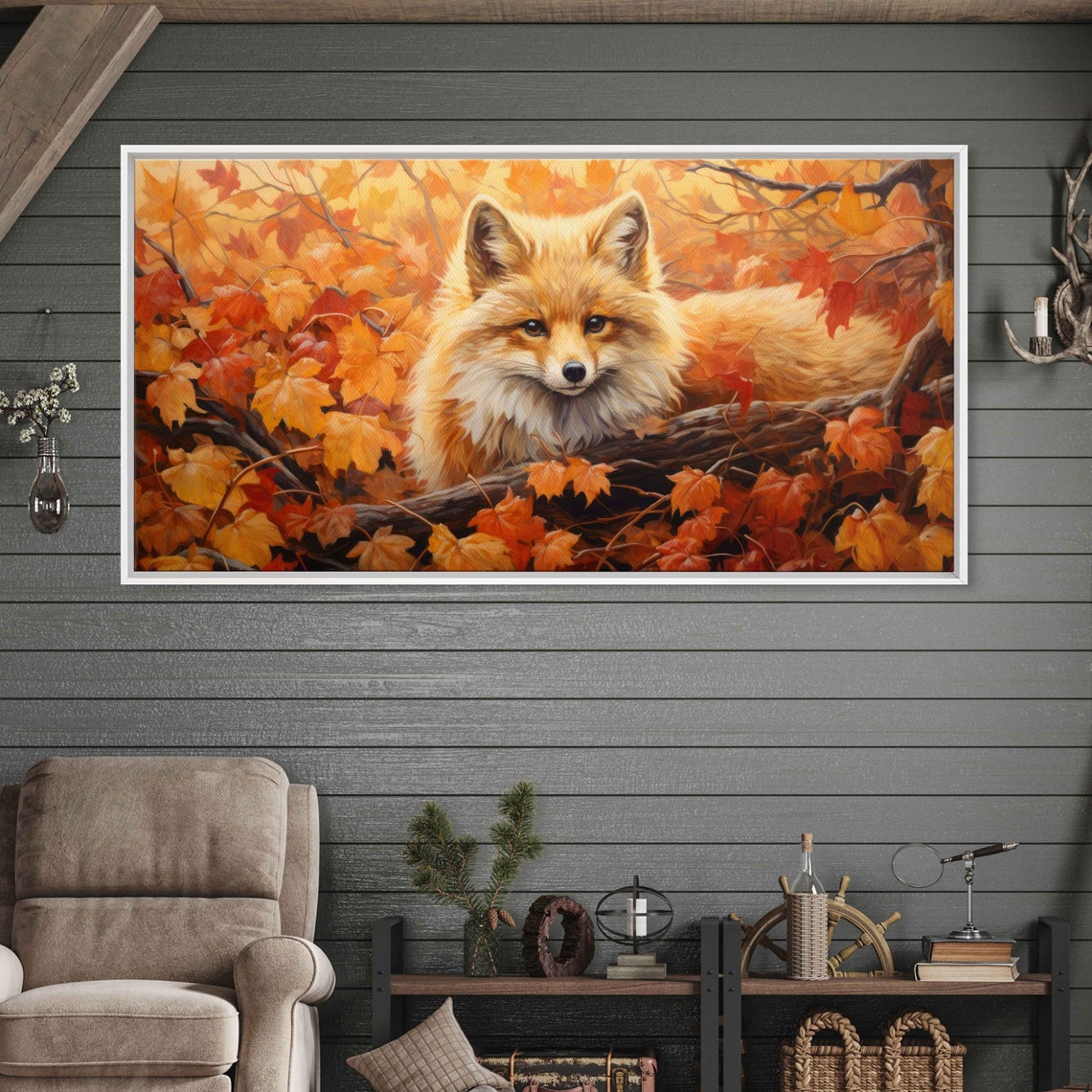 Fox on Branch Golden Autumn Leaves Wildlife Panoramic Wall Art - Image 2