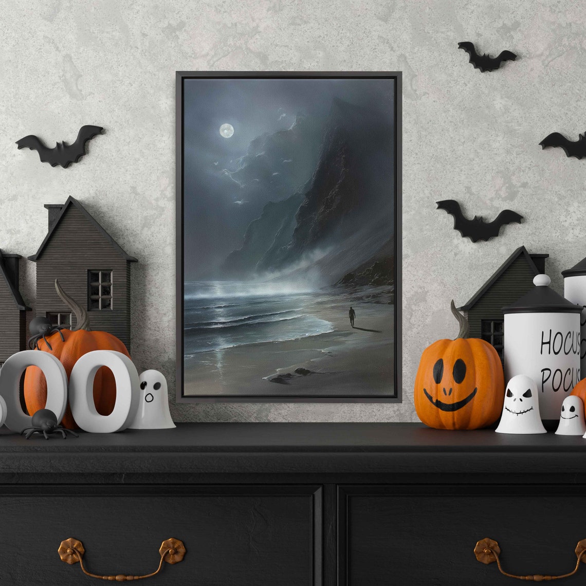 Lone Figure Walking Moonlit Beach Beneath Foggy Night Cliffs Poster - Image 3