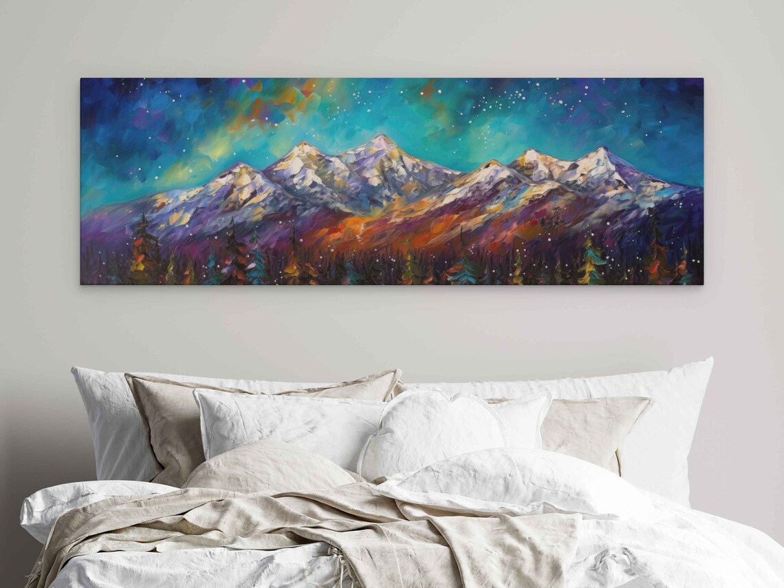 Starry Night Mountain Range Panoramic Teal Aurora Sky Snow Peaks Forest Art Poster - Image 4